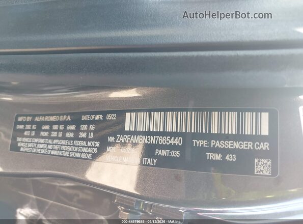 ZARFAMBN3N7665440 2022 ALFA ROMEO GIULIA Серый Вид подкапотного пространства