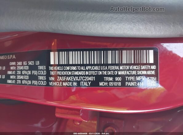 ZASFAKEVXJ7C20401 2018 ALFA ROMEO STELVIO Красный Вид подкапотного пространства