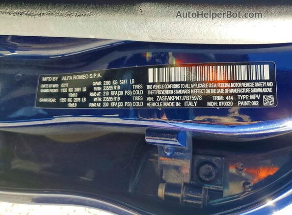 ZASFAKPN7J7B75978 2018 ALFA ROMEO STELVIO Синий Вид наклейки с VIN-кодом