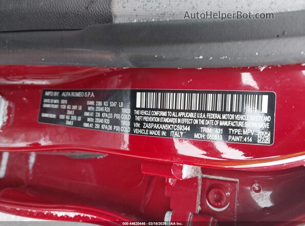 ZASPAKAN5K7C59344 2019 ALFA ROMEO STELVIO Red Engine compartment view