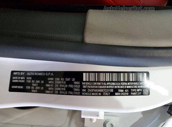 ZASPAKAN8K7C51156 2019 ALFA ROMEO STELVIO White Widok naklejki z numerem VIN