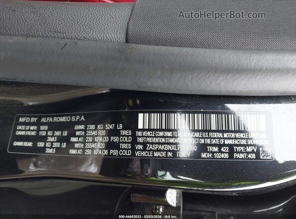 ZASPAKBNXL7C74390 2020 ALFA ROMEO STELVIO Черный Вид подкапотного пространства