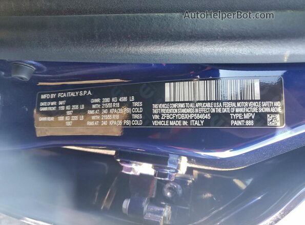 ZFBCFYDBXHP584645 2017 FIAT 500X Синий Вид наклейки с VIN-кодом