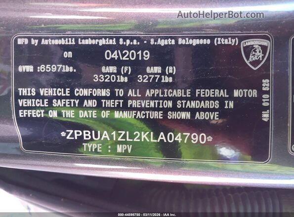 ZPBUA1ZL2KLA04790 2019 LAMBORGHINI URUS Silver Vista del compartimento del motor