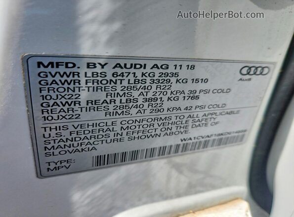 WA1CVAF18KD014559 2019 AUDI Q8 White Панорамний вид салону 360°