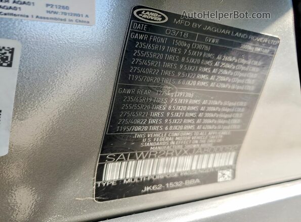 SALWR2RVXJA800092 2018 LAND ROVER RANGE Серый Вид наклейки с VIN-кодом