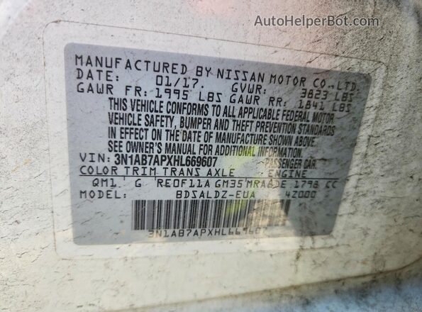 3N1AB7APXHL669607 2017 NISSAN SENTRA White Вид наклейки з VIN-кодом