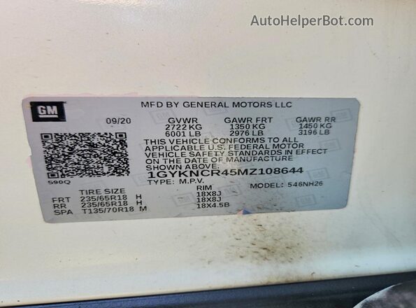 1GYKNCR45MZ108644 2021 CADILLAC XT5 Белый Панорамный вид салона 360°