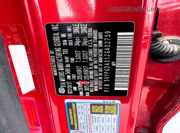 5XYPGDA31JG402759 2018 KIA SORENTO Красный Панорамный вид салона 360°