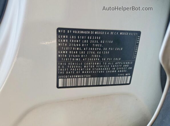 3VV3B7AX0MM087589 2021 VOLKSWAGEN TIGUAN White Widok wnętrza 360 stopni