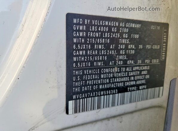 WVGAV7AX3GW596363 2016 VOLKSWAGEN TIGUAN White Widok wnętrza 360 stopni