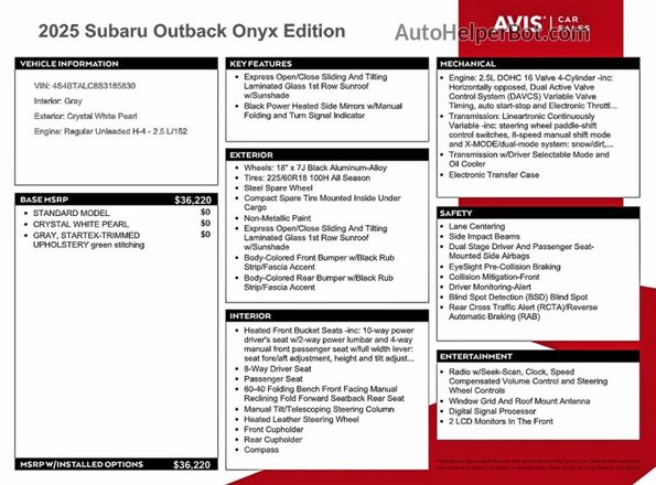 4S4BTALC8S3185830 2025 SUBARU OUTBACK Белый Панорамный вид салона 360°