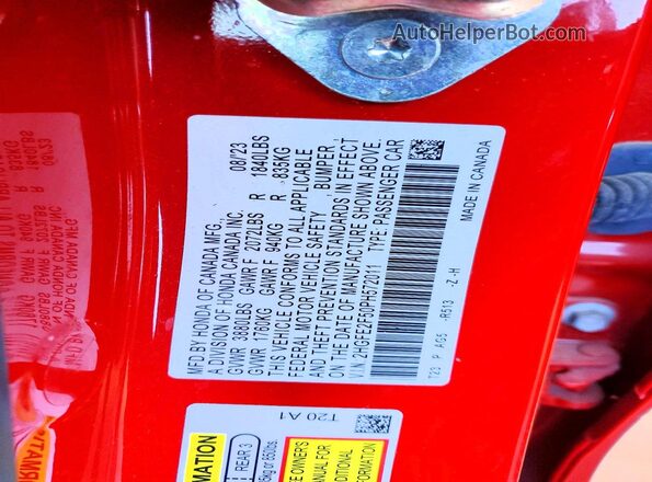 2HGFE2F50PH572011 2023 HONDA CIVIC Red VIN კოდის სტიკერის ხედი
