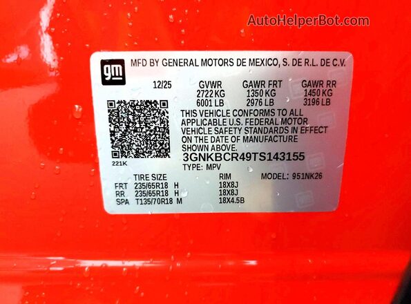 3GNKBCR49TS143155 2026 CHEVROLET BLAZER Оранжевый Вид наклейки с VIN-кодом
