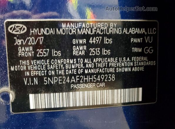 5NPE24AF2HH549238 2017 HYUNDAI SONATA Blue Панорамний вид салону 360°