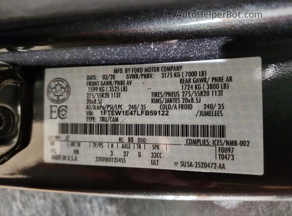 1FTEW1E47LFB59122 2020 FORD F150 Серый Вид подкапотного пространства