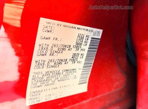 1N6AA1EF1NN100152 2022 NISSAN TITAN Red Widok naklejki z numerem VIN