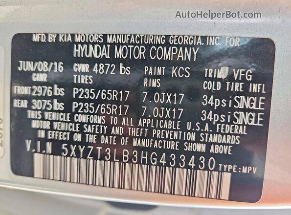 5XYZT3LB3HG433430 2017 HYUNDAI SANTA FE Серебряный Панорамный вид салона 360°