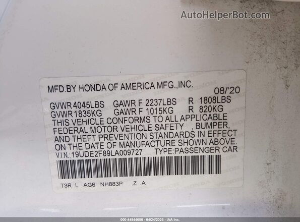 19UDE2F89LA009727 2020 ACURA ILX Белый Вид подкапотного пространства