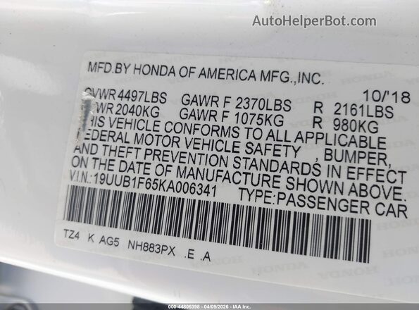 19UUB1F65KA006341 2019 ACURA TLX Белый Вид подкапотного пространства