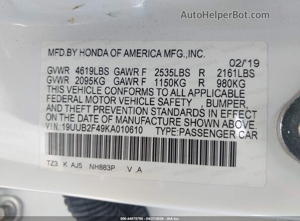19UUB2F49KA010610 2019 ACURA TLX White Widok komory silnika