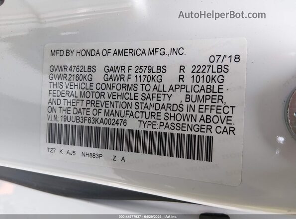 19UUB3F63KA002476 2019 ACURA TLX Белый Вид подкапотного пространства