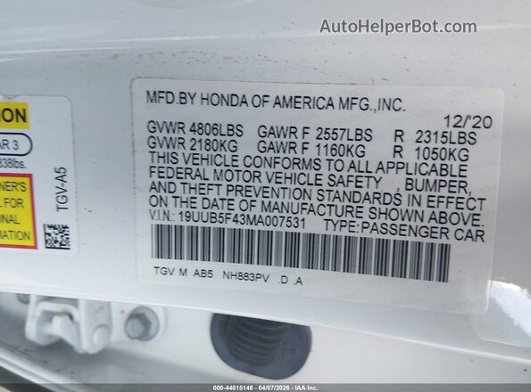 19UUB5F43MA007531 2021 ACURA TLX Белый Вид подкапотного пространства