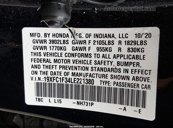 19XFC1F34LE221380 2020 HONDA CIVIC Черный Вид подкапотного пространства