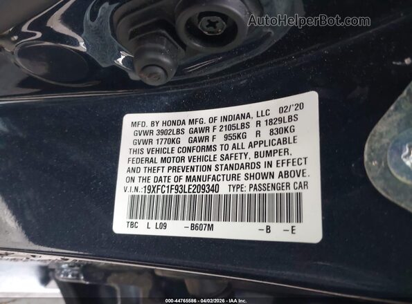 19XFC1F93LE209340 2020 HONDA CIVIC Серый Вид подкапотного пространства