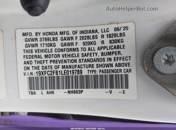 19XFC2F81LE019789 2020 HONDA CIVIC Белый Вид подкапотного пространства