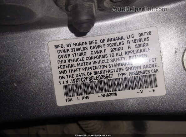 19XFC2F85LE026647 2020 HONDA CIVIC Silver ძრავის განყოფილების ხედი