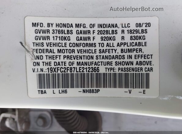 19XFC2F87LE212366 2020 HONDA CIVIC White Вид підкапотного простору