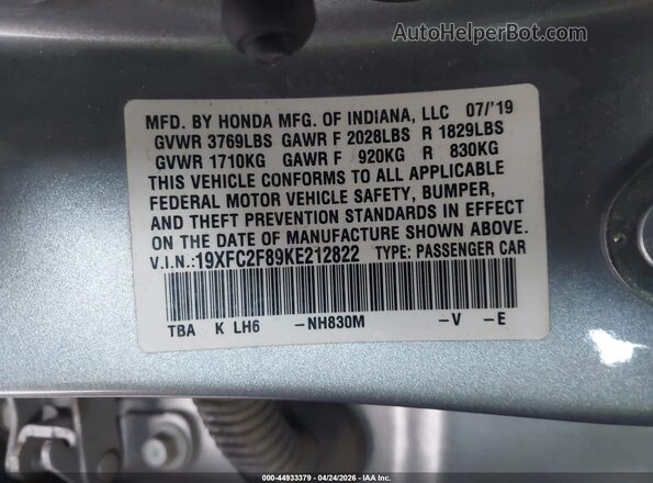 19XFC2F89KE212822 2019 HONDA CIVIC Серебряный Вид подкапотного пространства