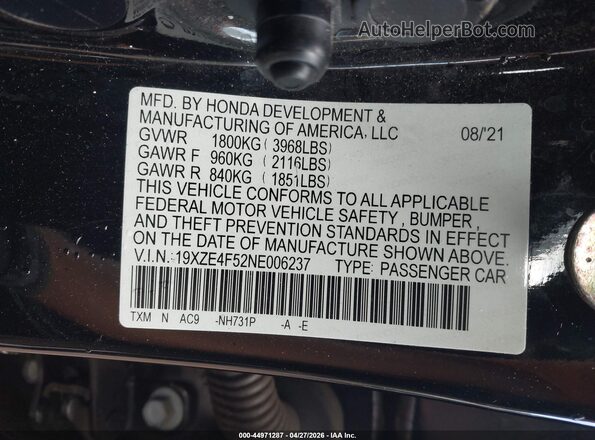 19XZE4F52NE006237 2022 HONDA INSIGHT Черный Вид подкапотного пространства