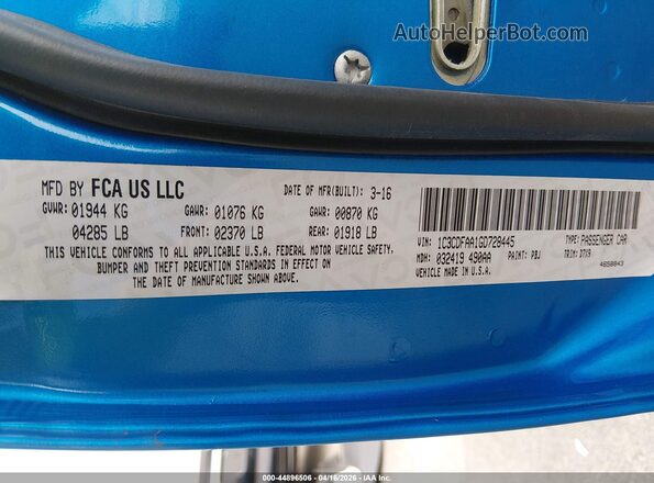 1C3CDFAA1GD728445 2016 DODGE DART Blue Вид підкапотного простору