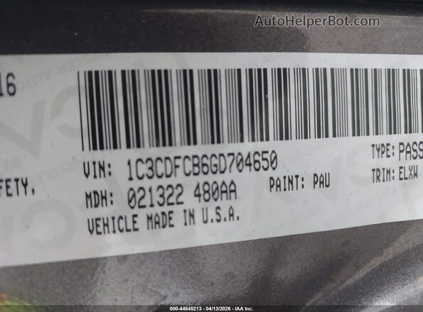 1C3CDFCB6GD704650 2016 DODGE DART Gray Widok komory silnika
