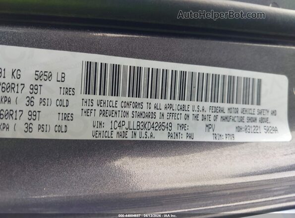 1C4PJLLB3KD420549 2019 JEEP CHEROKEE Gray Vista del compartimento del motor