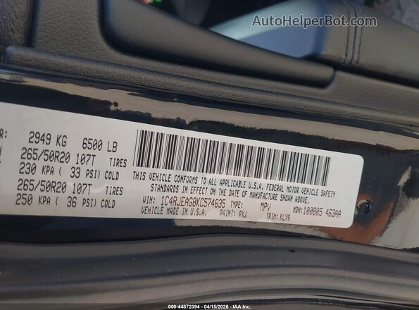 1C4RJEAG8KC574635 2019 JEEP GRAND CHEROKEE Black Widok komory silnika