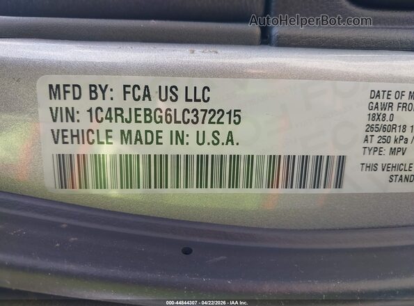 1C4RJEBG6LC372215 2020 JEEP GRAND CHEROKEE Серый Вид подкапотного пространства