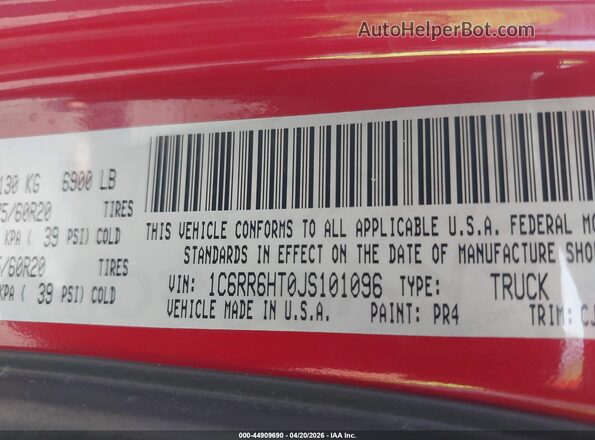 1C6RR6HT0JS101096 2018 RAM 1500 Red Շարժիչի բաժամունքի տեսք