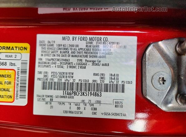 1FA6P8CF3K5194863 2019 FORD MUSTANG Бордовый Вид подкапотного пространства