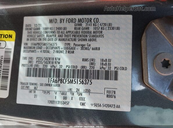 1FA6P8CF5M5156375 2021 FORD MUSTANG Серый Вид подкапотного пространства