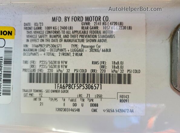 1FA6P8CF5P5306571 2023 FORD MUSTANG White Widok naklejki z numerem VIN
