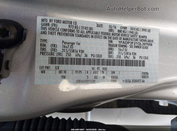 1FADP3F21GL397658 2016 FORD FOCUS Серебряный Вид подкапотного пространства