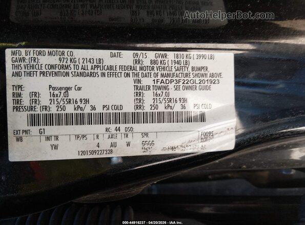 1FADP3F22GL201923 2016 FORD FOCUS Black Widok komory silnika