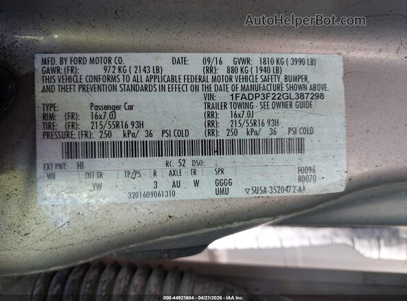 1FADP3F22GL387298 2016 FORD FOCUS Tan Widok komory silnika
