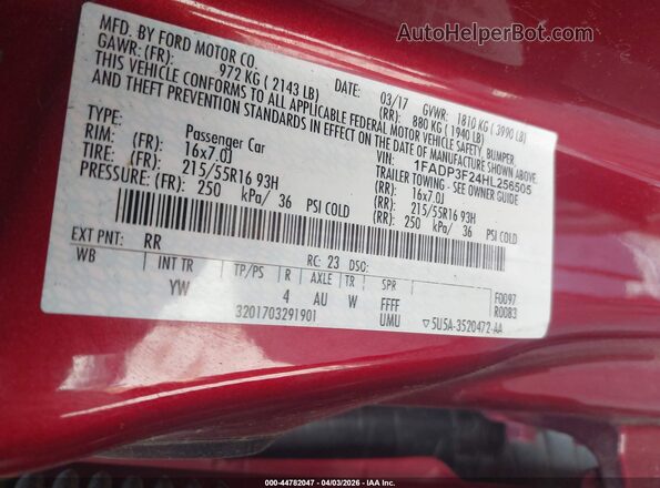 1FADP3F24HL256505 2017 FORD FOCUS Красный Вид подкапотного пространства