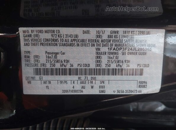 1FADP3F24JL205365 2018 FORD FOCUS Черный Вид подкапотного пространства