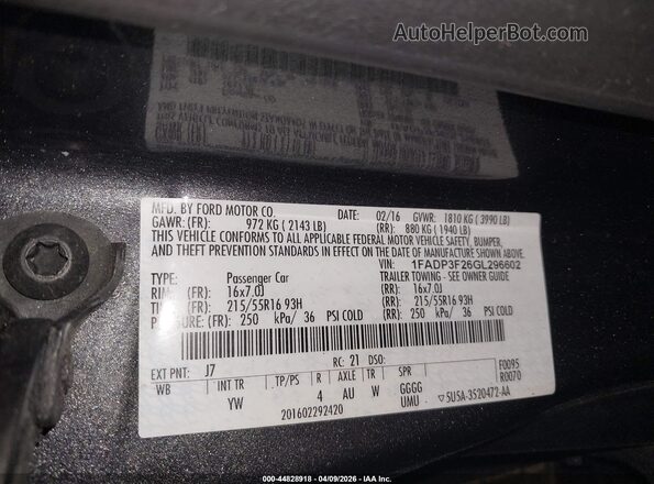 1FADP3F26GL296602 2016 FORD FOCUS Gray Vista del compartimento del motor
