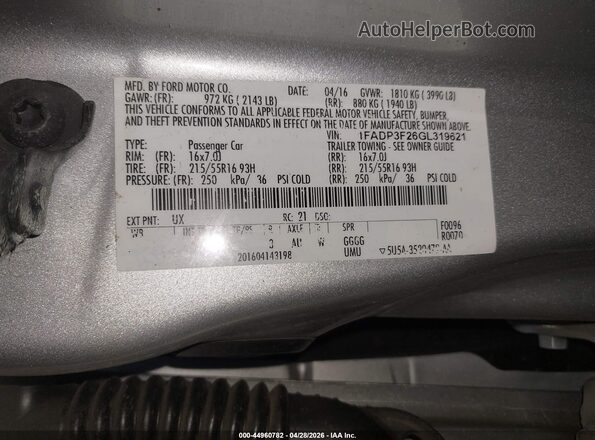 1FADP3F26GL319621 2016 FORD FOCUS Серебряный Вид подкапотного пространства
